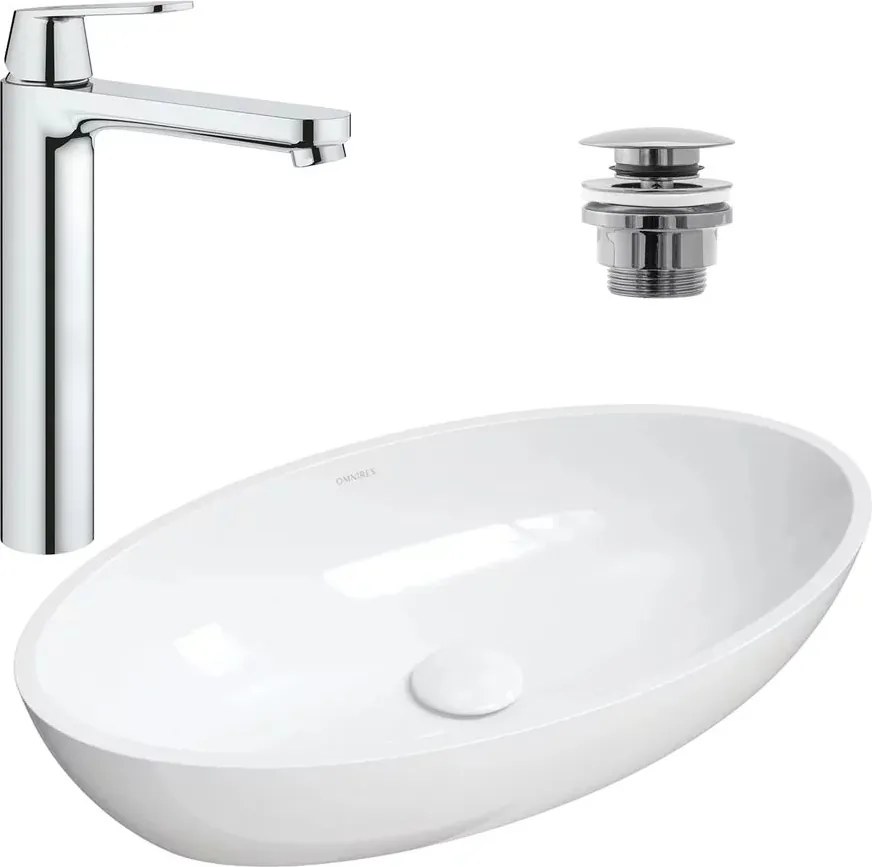 Pachet lavoar pe blat Omnires Siena M+ alb 60 cm, baterie lavoar Grohe Eurosmart Cosmopolitan XL crom si ventil lavoar Click-Clack crom