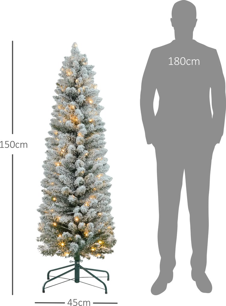 HOMCOM Brad de Crăciun Înzăpezit cu 263 de Crengi și Lumini LED Albe, Brad Artificial din Plastic, Ø45x150 cm, Verde | Aosom Romania