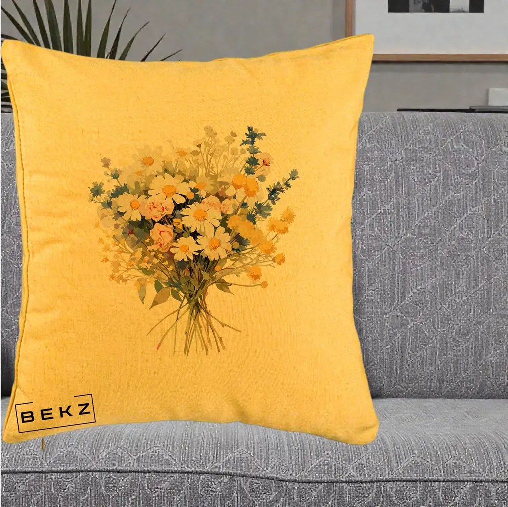 Perna Decorativa Buchet Camp Acuarela Margarete-Lavanda, 40x40 cm, Galben, Husa Detasabila, Perna Inclusa, BEKZ®