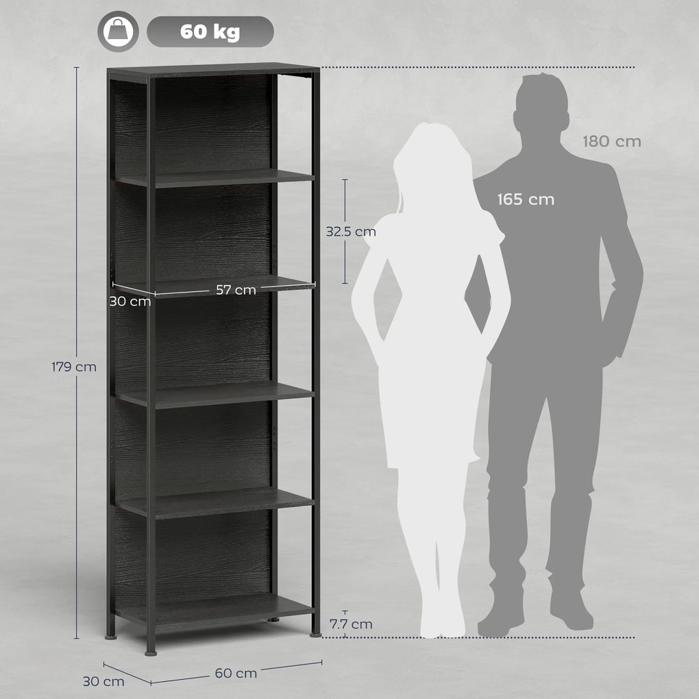 HOMCOM Bibliotecă cu 5 Rafturi, Verticală cu Iluminare LED în 7 Culori, Economisire Spațiu pentru Living, Dormitor și Birou, 60x30x179 cm, Negru | Aosom Romania