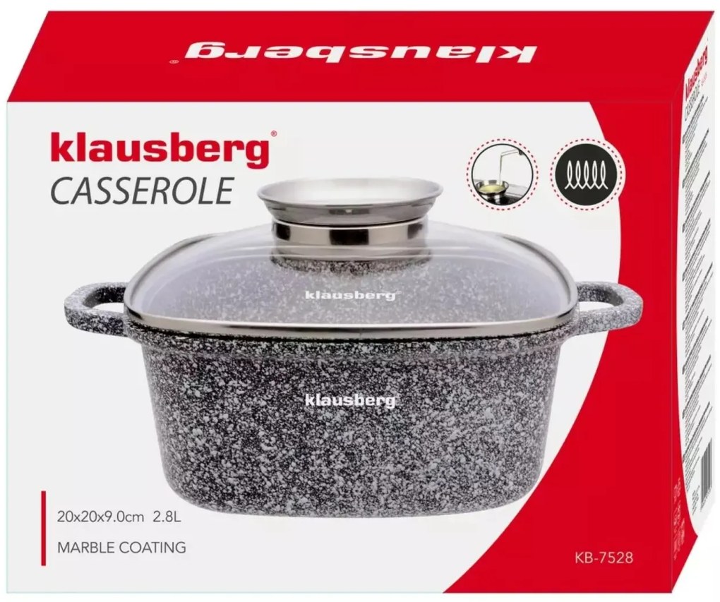 Oală pătrată cu capac 20x20 cm, 2.8L – Klausberg KB 7528, antiaderentă marmură, pentru gătit rapid și sănătos, culoare gri