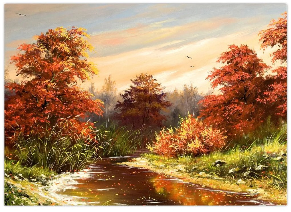 Tablou pe sticlă - Râu în peisaj de toamnă (70x50 cm)