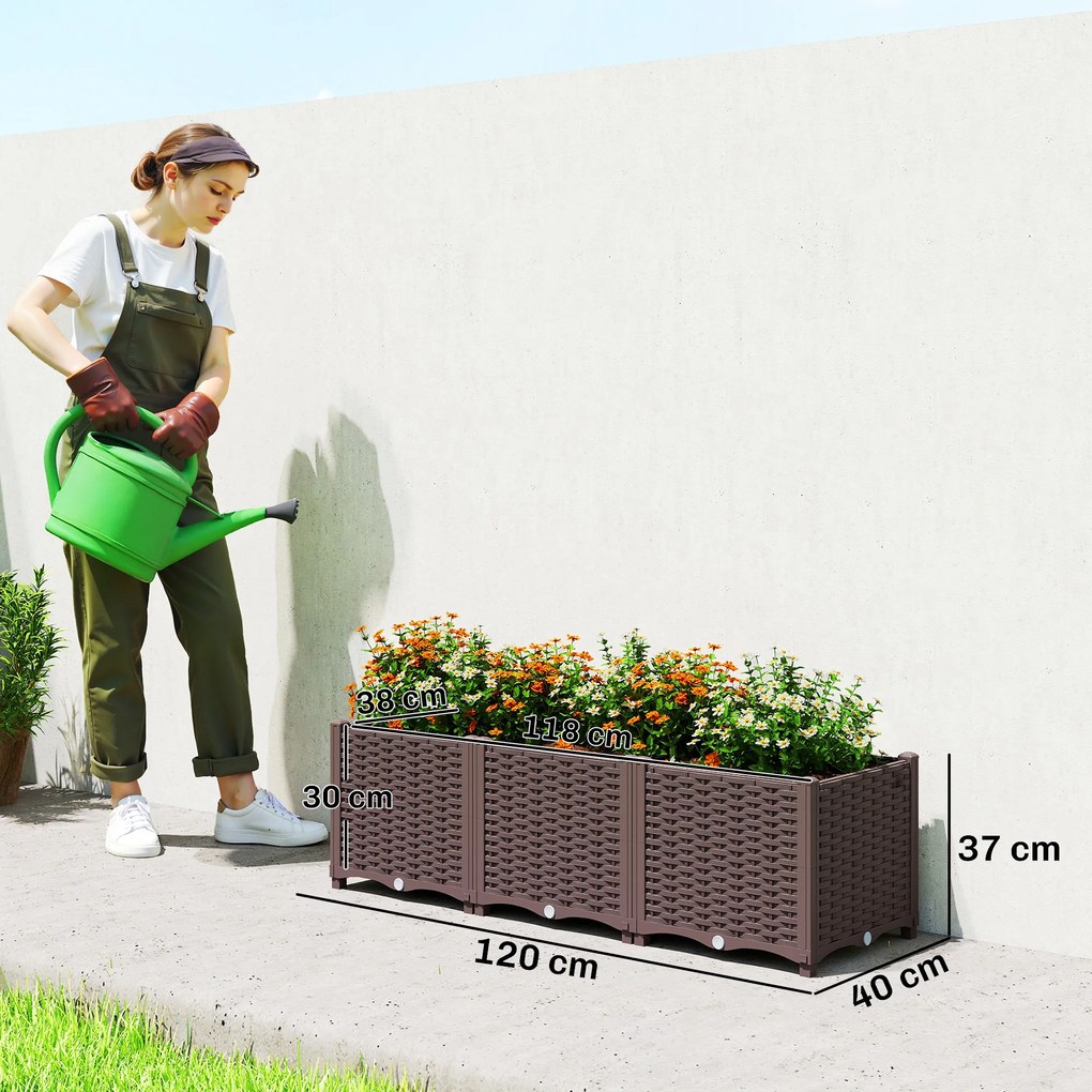 Outsunny Jardinieră înălțată, pat de grădină din plastic cu auto-udare și orificii de scurgere cu dopuri, 120x40x37cm, maro | Aosom Romania