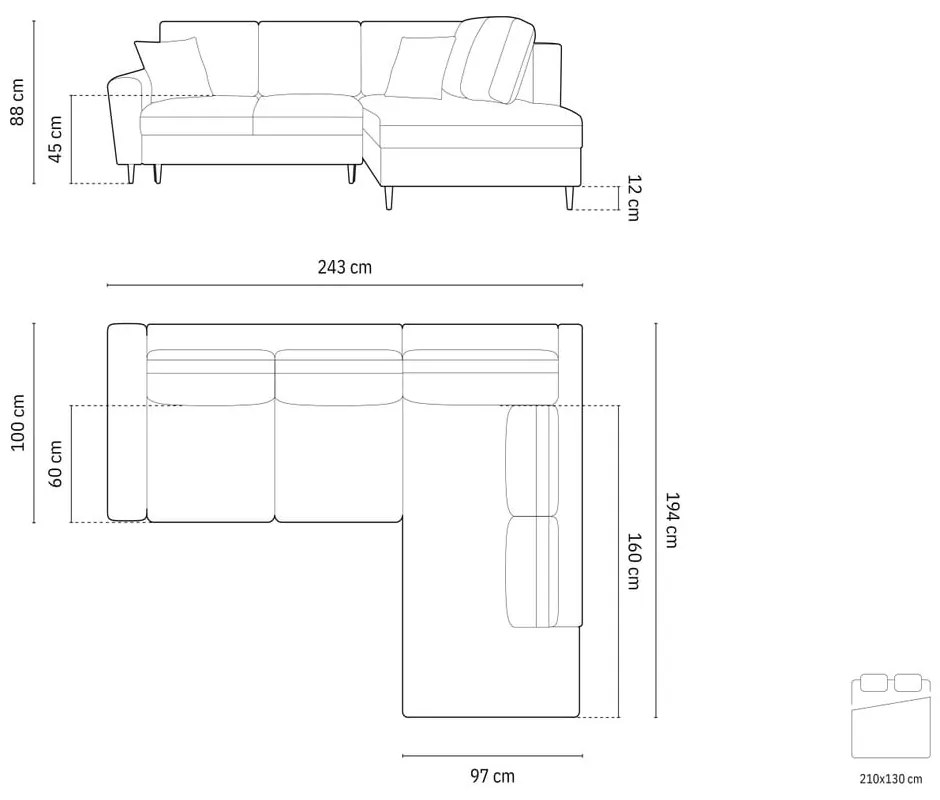 Colțar negru extensibil, cu spațiu de depozitare cu tapițerie din catifea (cu colț pe partea dreaptă-în formă de ”L”) Kyoto – Cosmopolitan Design