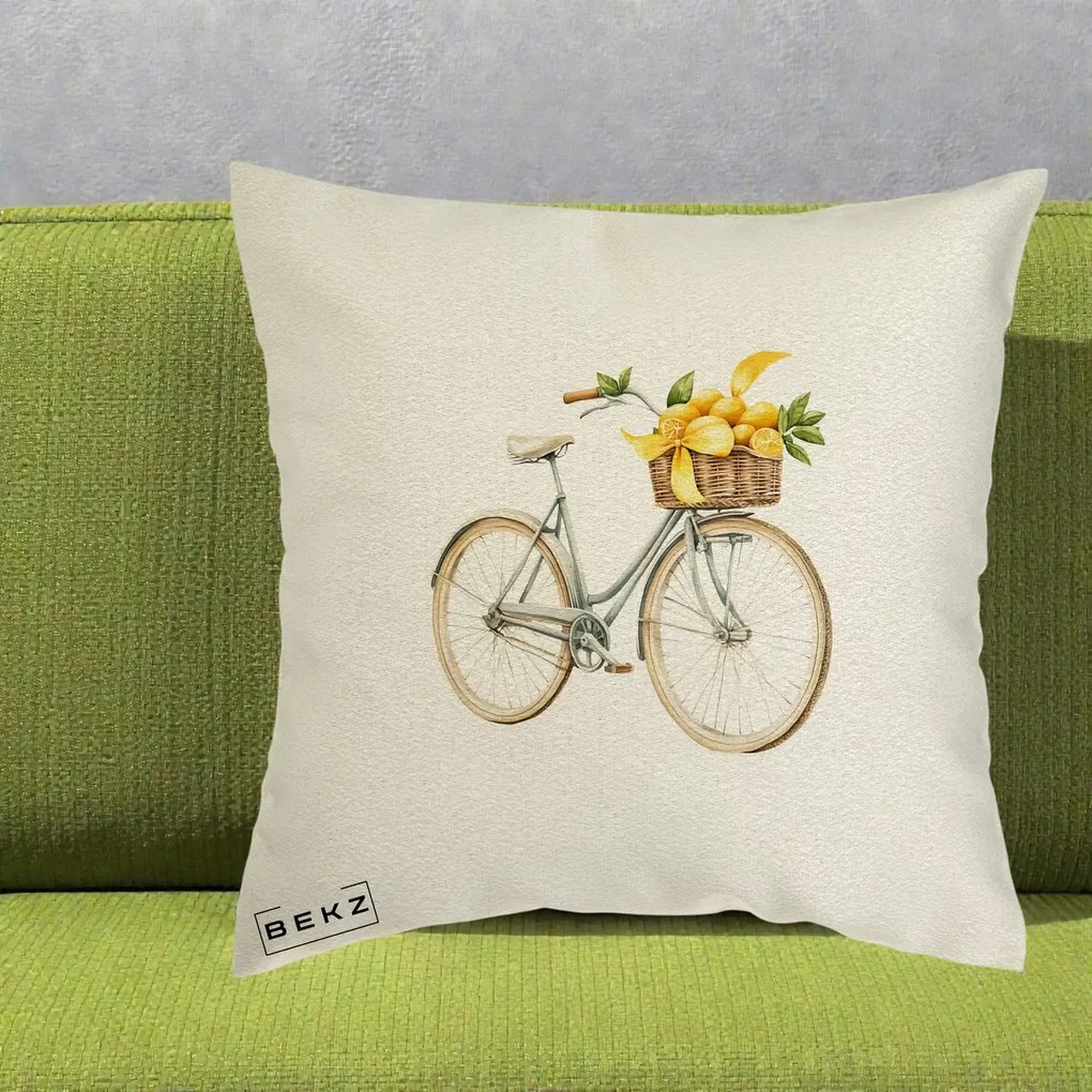 Perna Decorativa Bicicleta cu Cos de Lamai Mediteranean, 40x40 cm, Ecru, Husa Detasabila, Perna Inclusa, BEKZ®