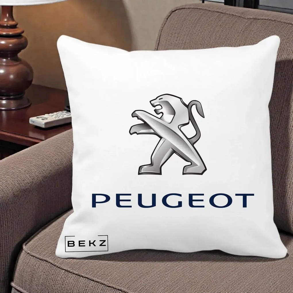Perna Personalizata cu emblema Peugeot, 40x40 cm, Alba Mata, Husa Detasabila, Perna Inclusa, BEKZ®