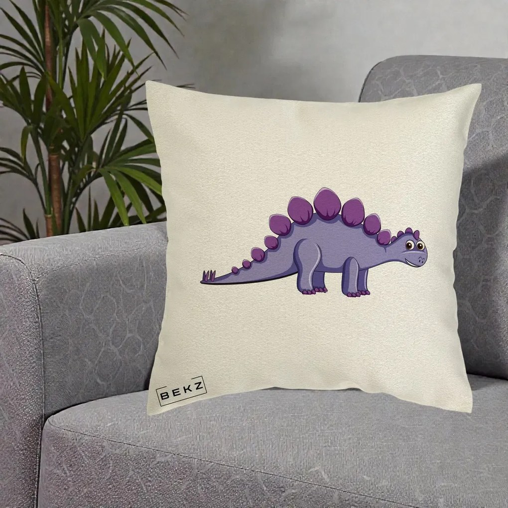 Perna Personalizata Stegozaur Mov, 40x40 cm, Ecru, Husa Detasabila, Perna Inclusa, BEKZ®
