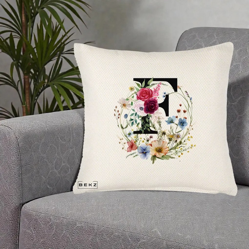 Cadou Personalizat - Perna Personalizata Monogram Litera F cu Flori Acuarela, 40x40 cm, Crem Reliefat, Husa Detasabila, Perna Inclusa, BEKZ®