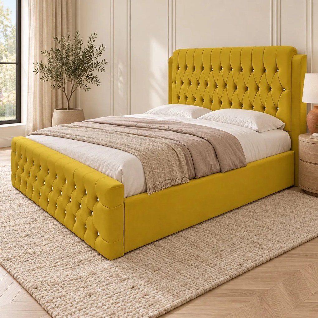 Pat tapițat Chesterfield din catifea Aveline Deluxe 160×200 cm, galben muștar, cu ladă de depozitare