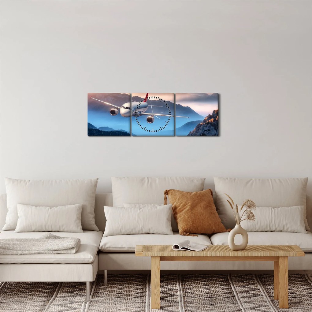 Tablou - Avion peste crestele montane (cu ceas) (90x30 cm)