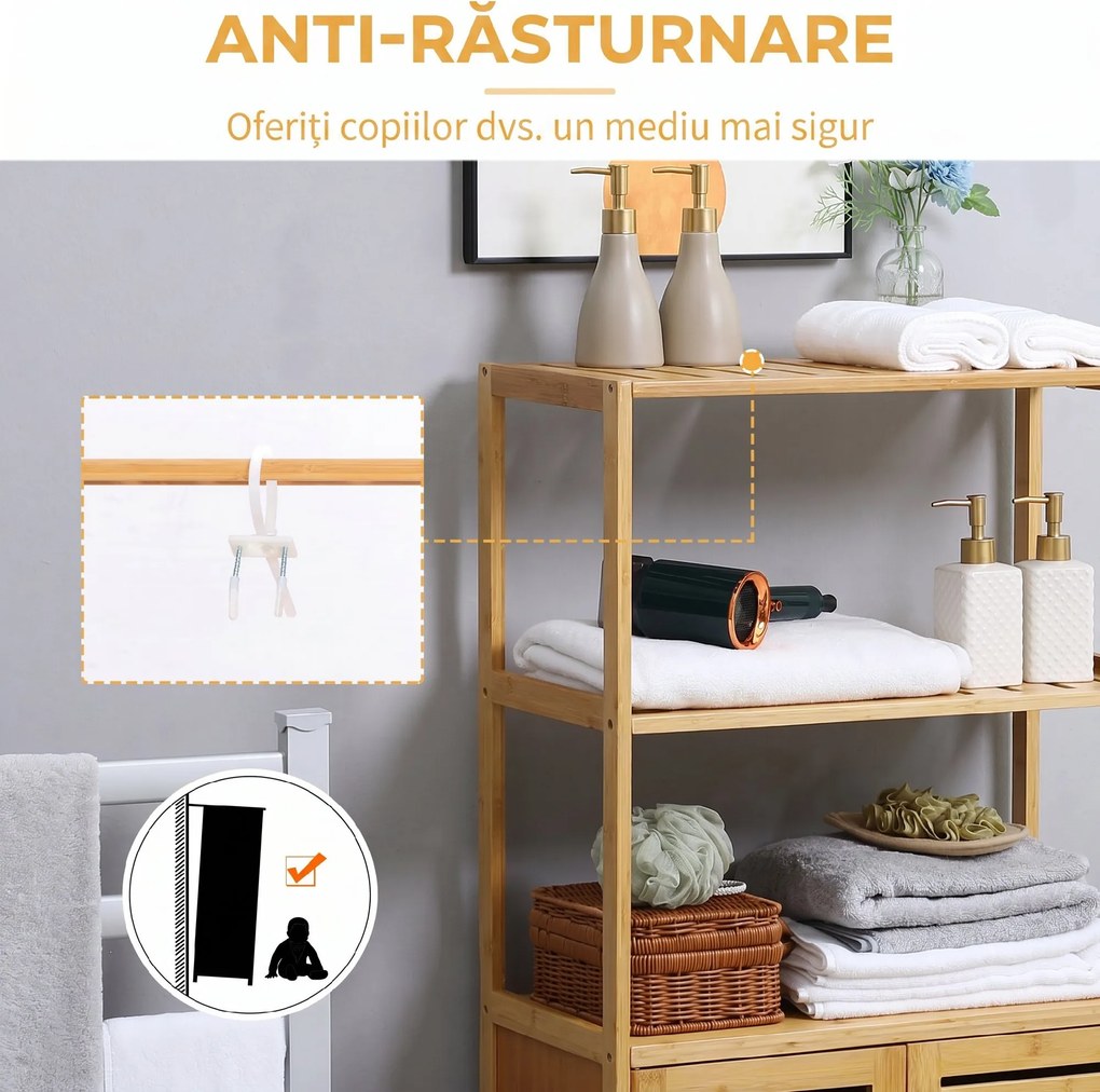 kleankin Dulap de baie cu 2 rafturi deschise si dulap cu doua usi, din bambus cu usa cu clapeta, natural | Aosom Romania