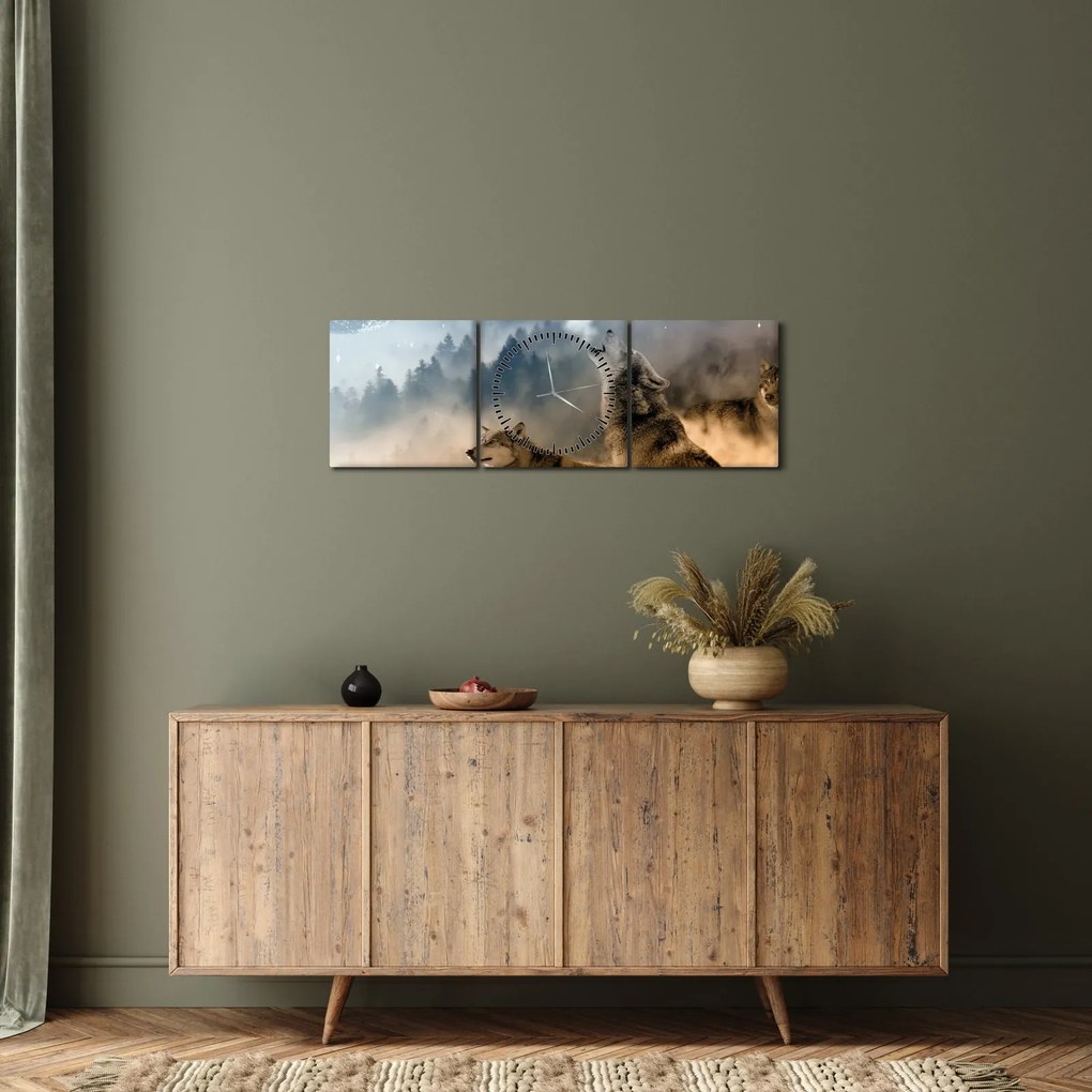 Tablou - lupii urlând la lună (cu ceas) (90x30 cm)