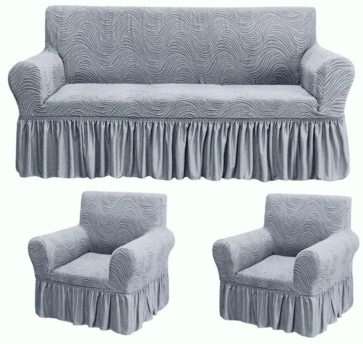 Set huse elastice pentru canapea 3 Locuri si 2 fotolii, cu volanas, model Jacquard Gri in dungi