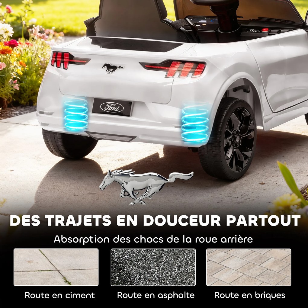 AIYAPLAY Mașină electrică pentru copii Ford Mustang Mach-E sub licență oficială 12 V telecomandă 2,4 G 2 motoare 92x55x44cm alb | Aosom Romania