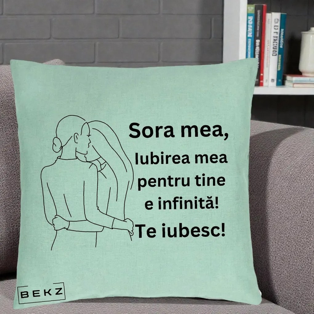 Cadou pentru Sora - Perna Personalizata Sora Mea Te Iubesc Imbratisare din Spate Line Art, 40x40 cm, Verde Menta, Husa Detasabila, Perna Inclusa, BEKZ®