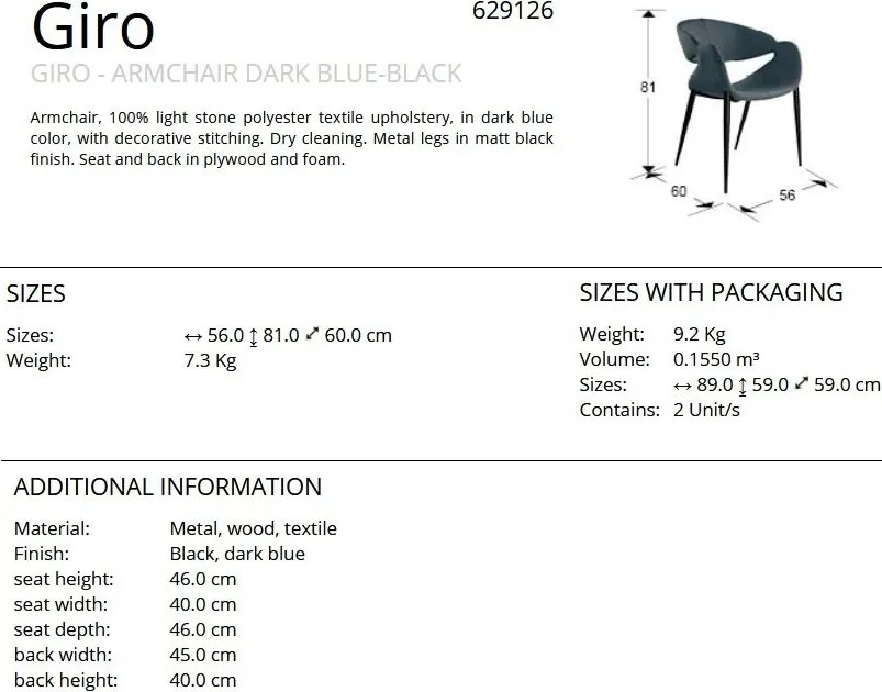 Scaun dining design elegant Giro albastru inchis