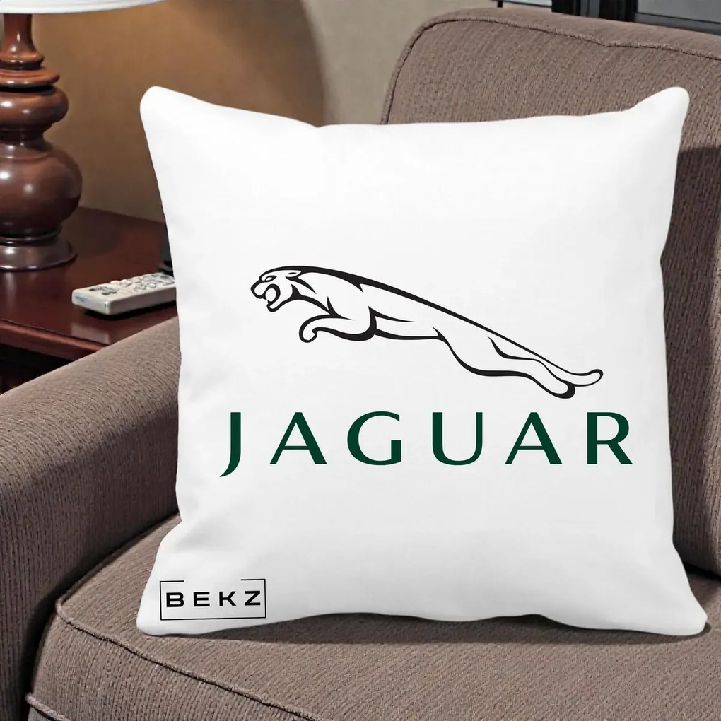 Perna Personalizata cu emblema Jaguar, 40x40 cm, Alba Mata, Husa Detasabila, Perna Inclusa, BEKZ®