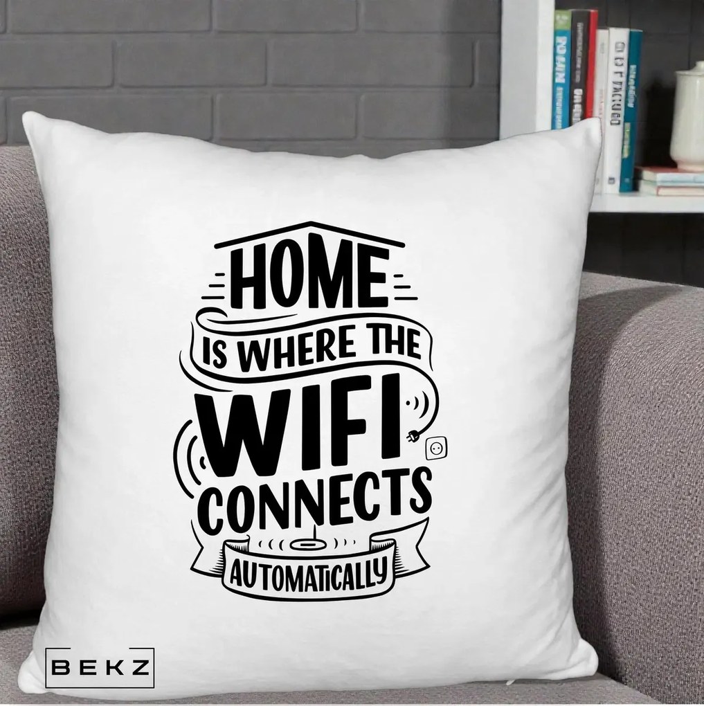 Perna Decorativa Home Is Where WiFi Connects, 40x40 cm, Alb Pufos, Husa Detasabila, Perna Inclusa, BEKZ®