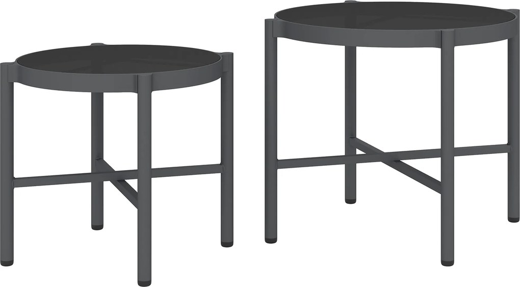 Outsunny Lot de 2 mese joase gigogne de grădină mese de cafea de grădină cu blat din sticlă temperată, cadru din aluminiu negru | Aosom Romania