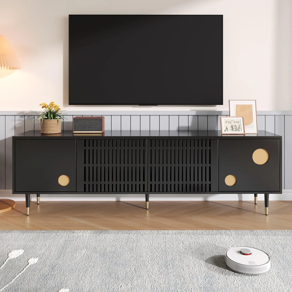 Comodă TV cu front din plasă metalică și accente aurii, 4 uși, 170x36x54 cm, Negru