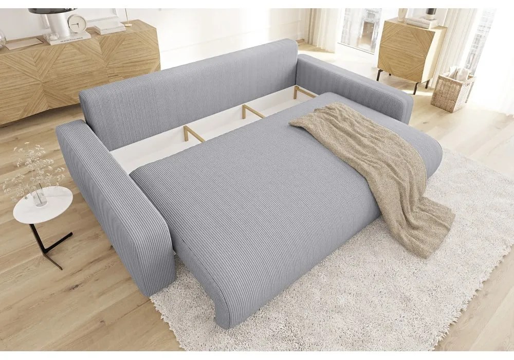 Canapea gri deschis extensibilă, cu spațiu de depozitare, cu tapițerie din catifea reiată 234 cm Sara – Ropez