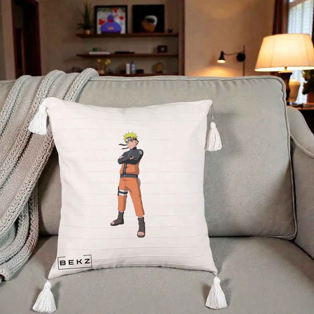 Perna Personalizata Naruto Uzumaki Portret Complet, 40x40 cm, Bej cu Franjuri, Husa Detasabila, Perna Inclusa, BEKZ®