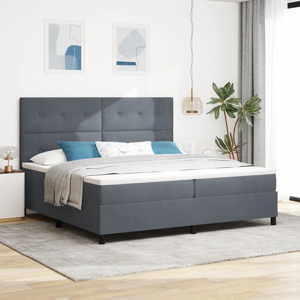 vidaXL Pat box spring cu saltea &amp; LED, gri închis, 200x200 cm catifea