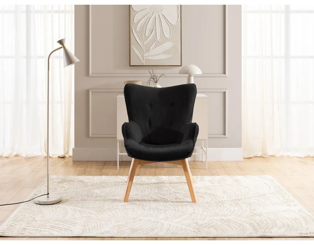 Fotoliu cu taburet negru cu tapițerie din catifea reiată Niko – Ropez