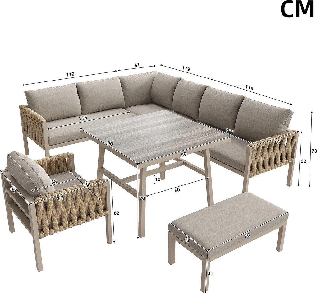 Set de mobilier de grădină cu canapea de colț și blat de masă din sticlă securizată, Bej | Aosom Romania