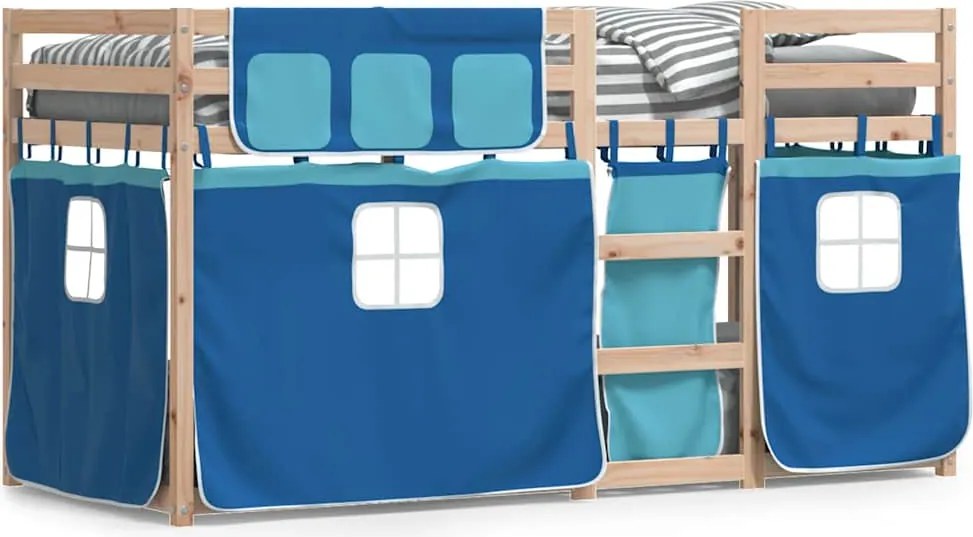 vidaXL Pat supraetajat cu perdele, albastru, 90x190 cm, lemn masiv pin