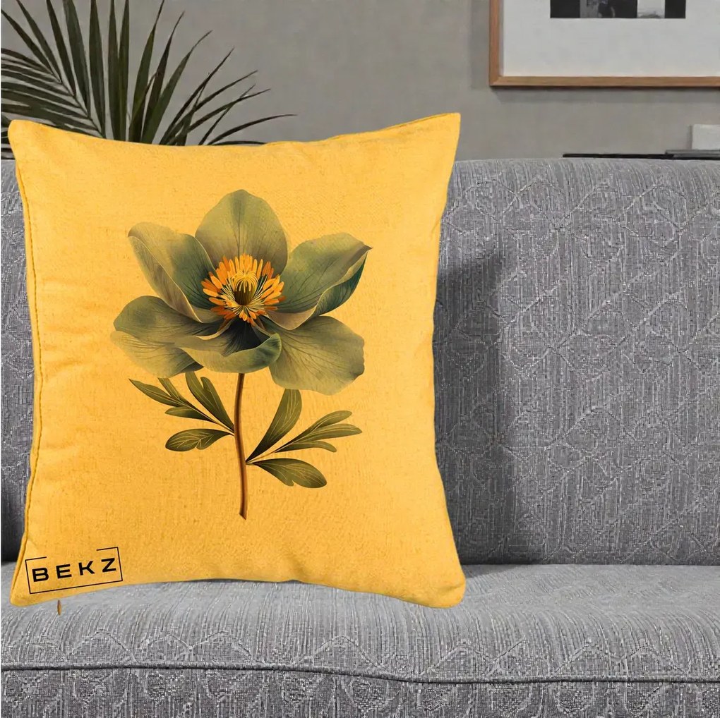 Perna Decorativa Anemona Albastra Botanica, 40x40 cm, Galben, Husa Detasabila, Perna Inclusa, BEKZ®