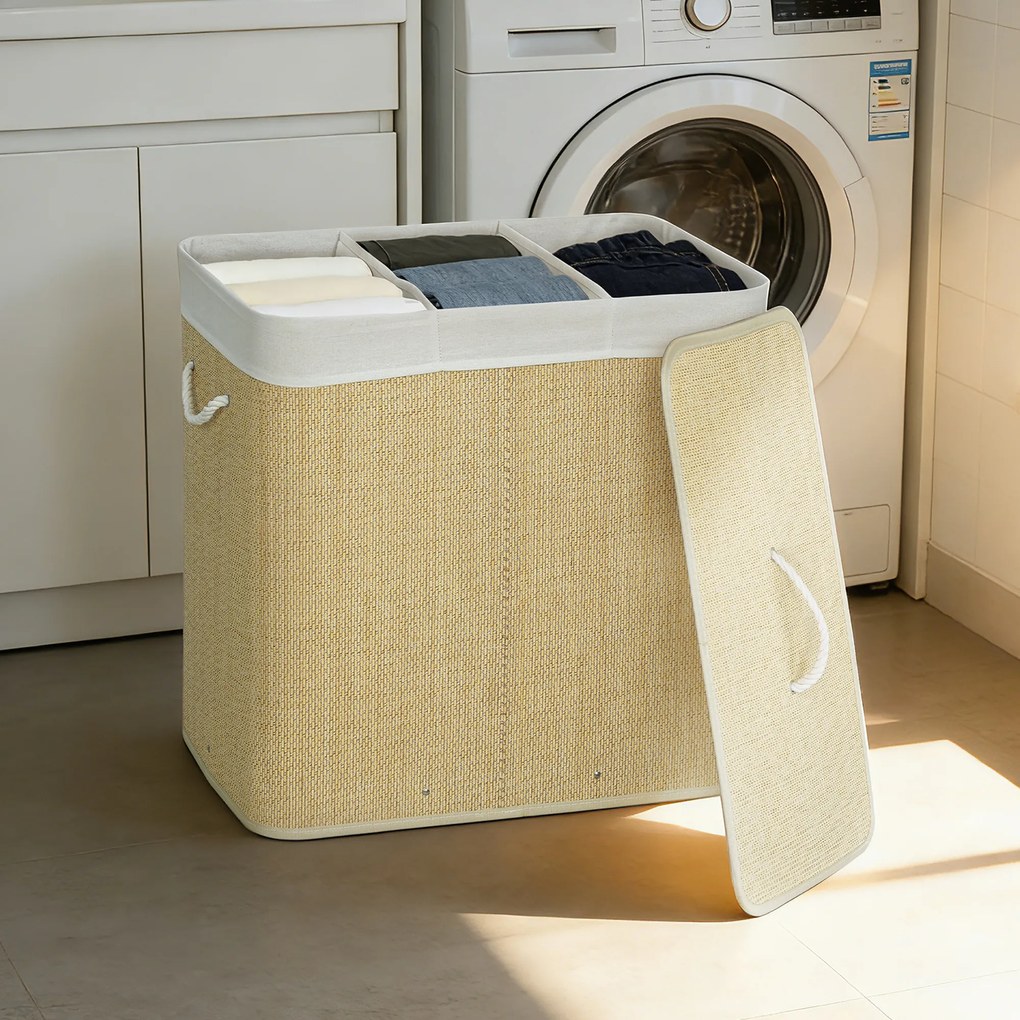 HOMCOM Coș pentru rufe murdare 144 L din bambus cu 3 compartimente mânere sac interior detașabil 60x40x60 cm crem | Aosom Romania