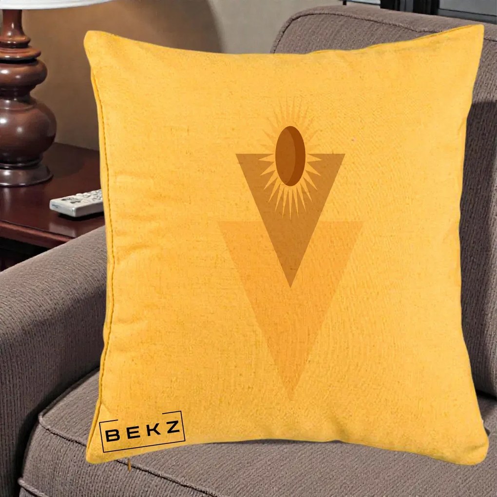 Perna Decorativa Boho Sun cu Triunghiuri Bej si Oval Solar, 40x40 cm, Galben, Husa Detasabila, Perna Inclusa, BEKZ®