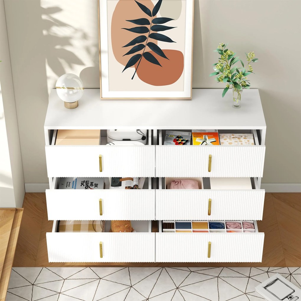 Bufet cu 6 sertare, mânere și picioare aurii, textură ondulată, 120x40x77 cm, Alb+Aurii