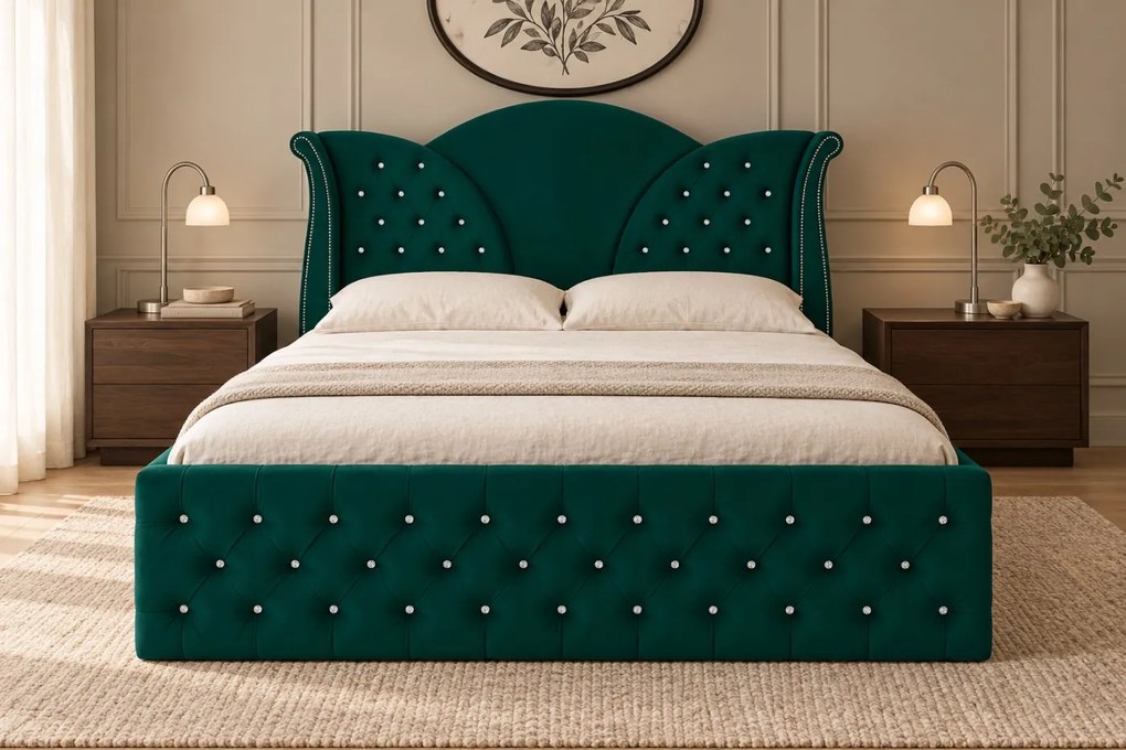 Pat tapițat Chesterfield din catifea Velora Deluxe 180×200 cm, verde, cu ladă de depozitare