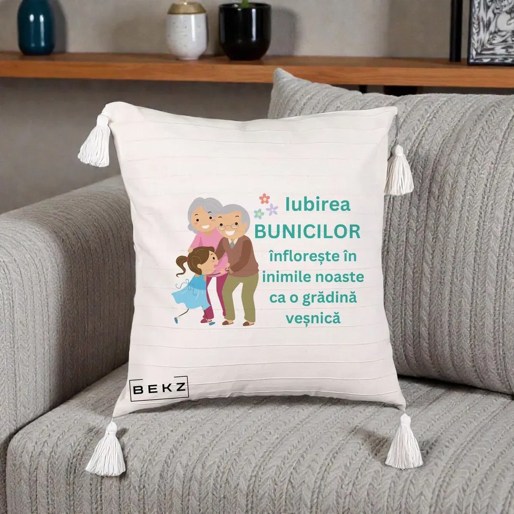 Cadou pentru Bunici - Perna Personalizata Bunicii Iubirea Infloreste cu Nepoata Teal, 40x40 cm, Bej cu Franjuri, Husa Detasabila, Perna Inclusa, BEKZ®