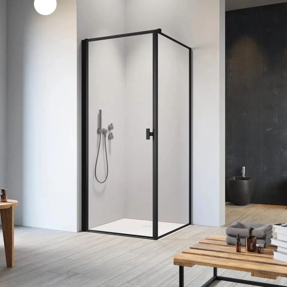 Cabina de dus dreptunghiulara cu usa batanta Radaway Nes KDJ I Frame 90x75 cm finisaj negru mat-transparent stanga