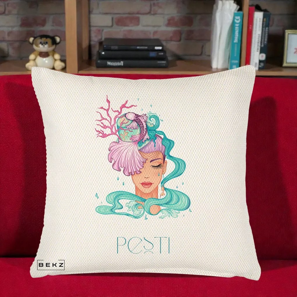 Perna Personalizata Zodiac Pesti Cowgirl, 40x40 cm, Crem Reliefat, Husa Detasabila, Perna Inclusa, BEKZ®