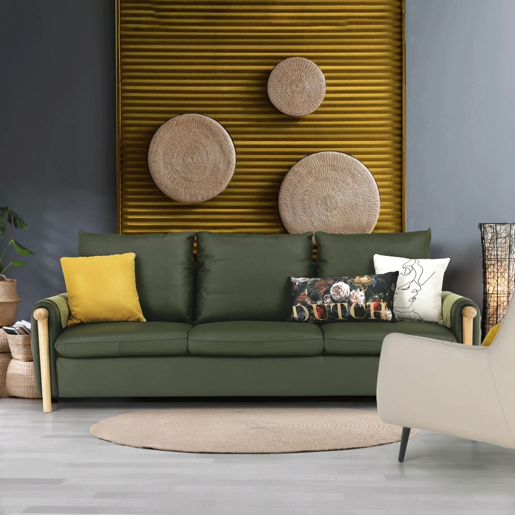 Canapea complet tapiţată 3 locuri, piele / piele ecologică verde măslin, LINSY