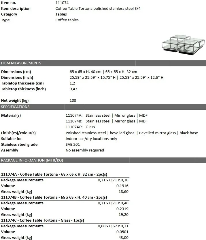 Set 4 masute de cafea design LUX Tortona otel inoxidabil lustruit 111074 HZ