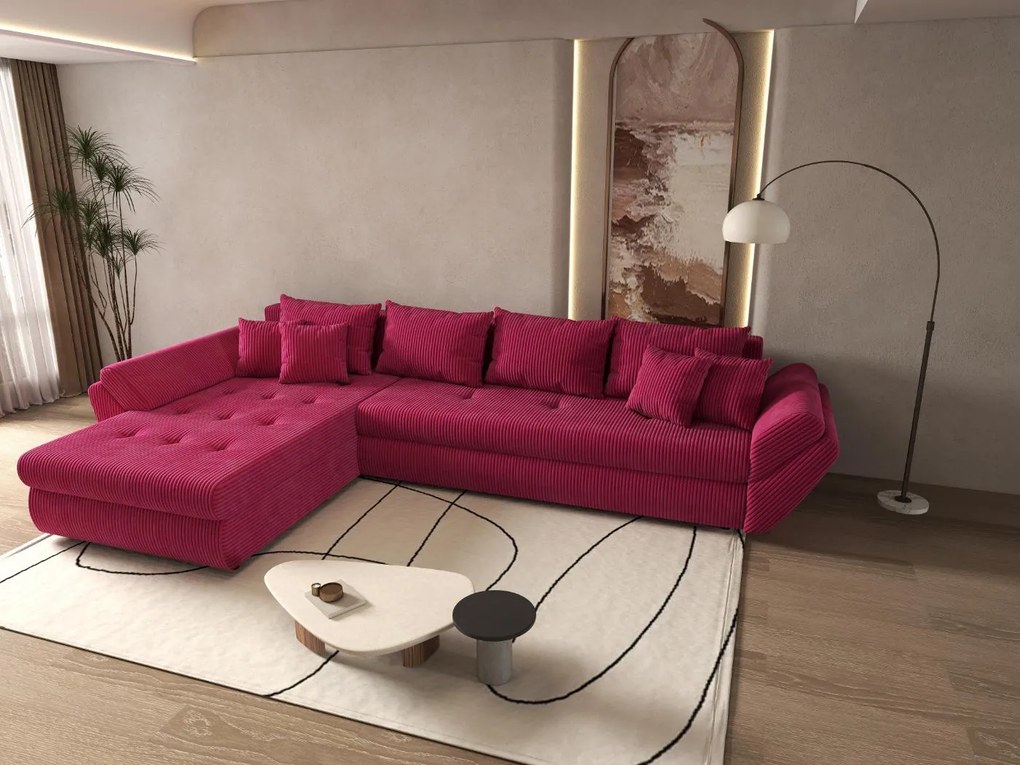 Colțar extensibil dumonde cu ladă de depozitare si sezut confortabil din spuma high-density, Loana XL Zoom Rosu 335x185 cm