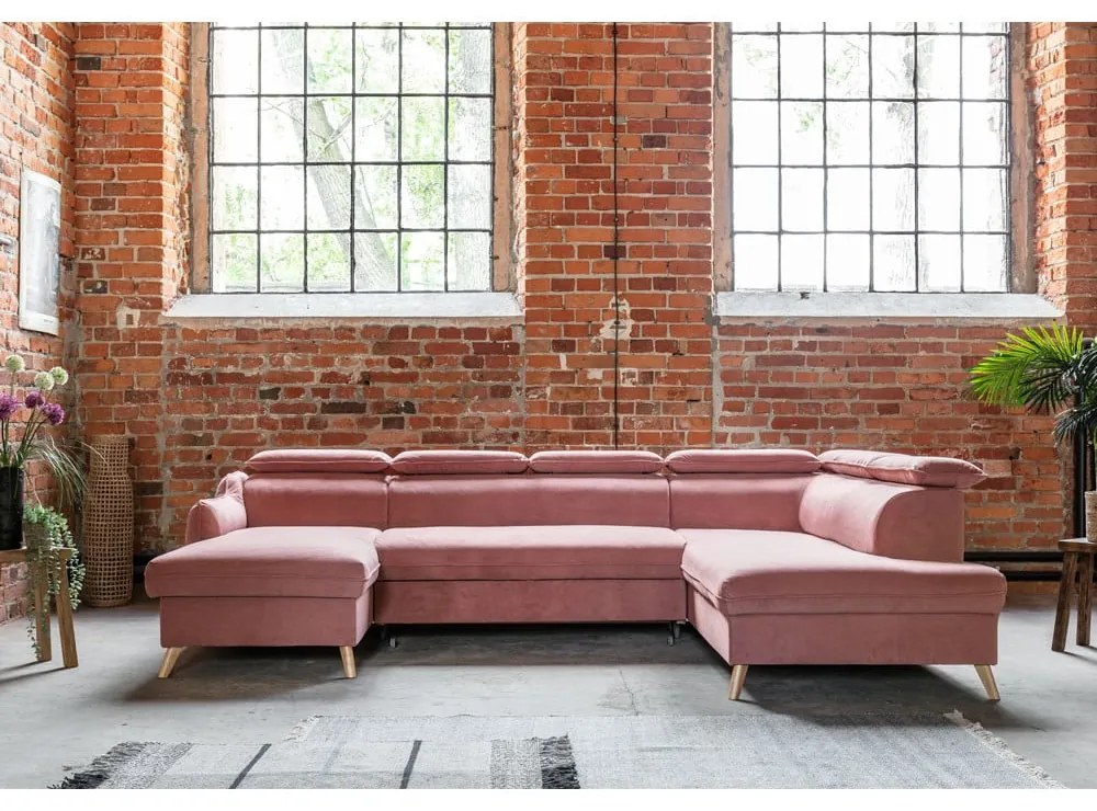 Colțar roz deschis extensibil cu tapițerie din catifea (cu colț pe partea dreaptă/în formă de "U") Sweet Harmony – Miuform