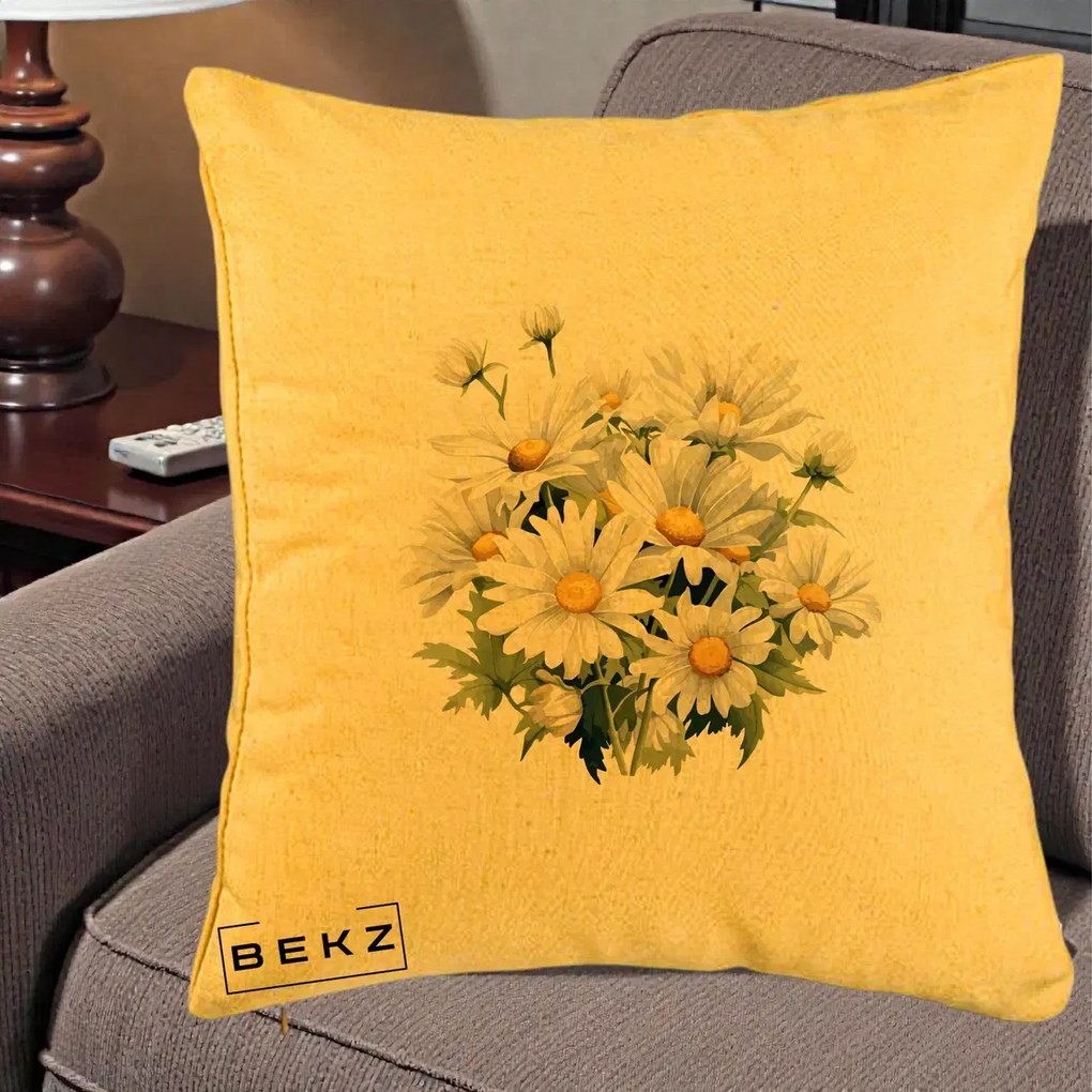 Perna Decorativa Buchet Margarete Albe Acuarela, 40x40 cm, Galben, Husa Detasabila, Perna Inclusa, BEKZ®