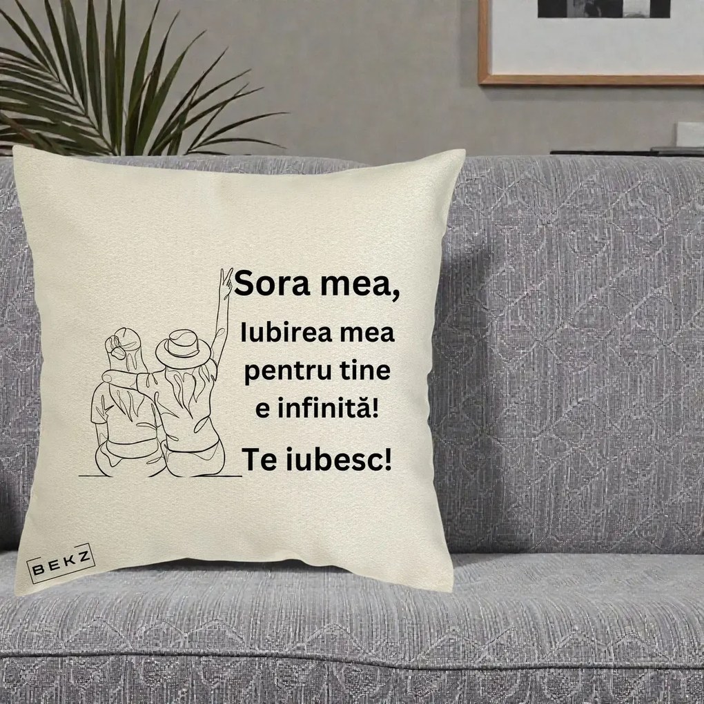 Cadou pentru Sora - Perna Personalizata Sora Mea Te Iubesc Line Art Portrete Colorate, 40x40 cm, Ecru, Husa Detasabila, Perna Inclusa, BEKZ®
