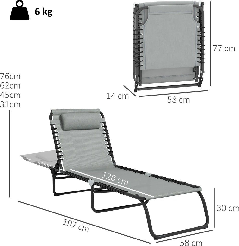 Outsunny Șezlong, pliant, husă respirabilă, cadru metalic, 189 x 58 x 30 cm, Gri deschis | Aosom Romania