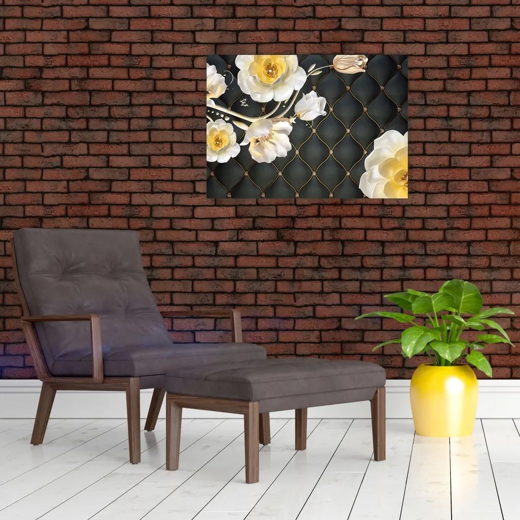 Tablou pe sticlă - Imagine cu flori de trandafir alb (70x50 cm)