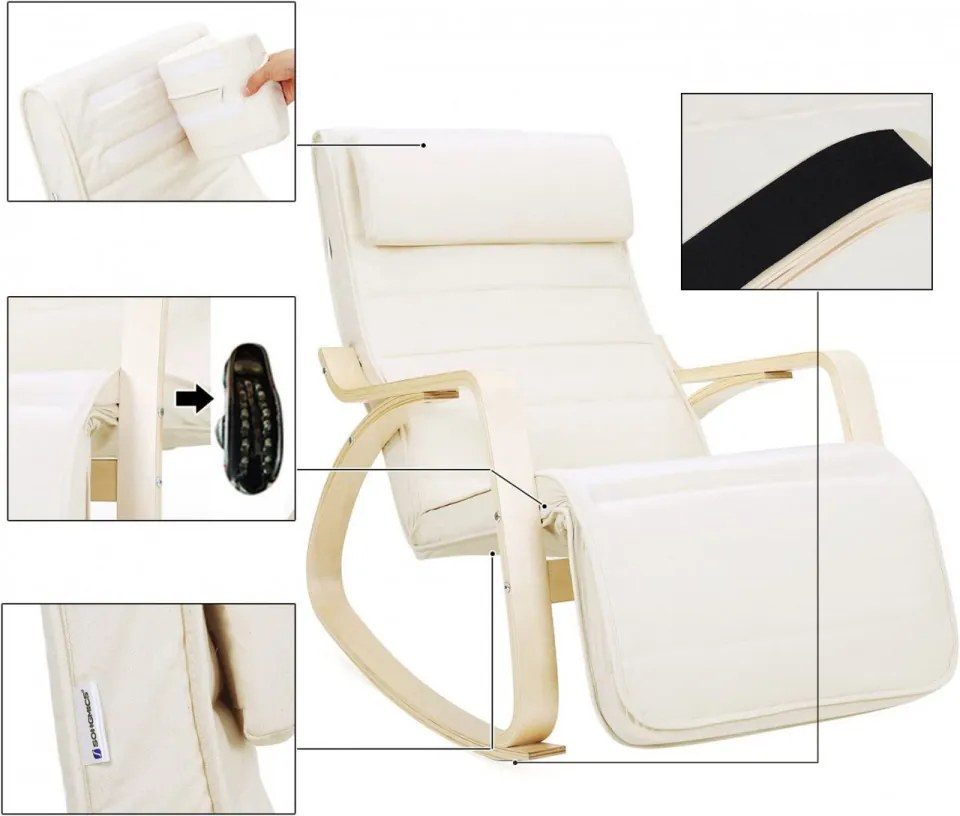 Fotoliu balansoar, lemn de mesteacan / textil, crem, Songmics, LYY10M