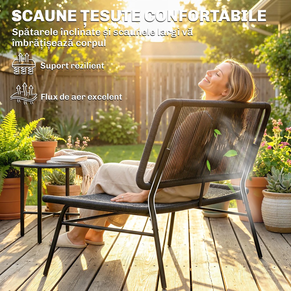 Outsunny Set Mobilier Grădină Ratan 4 Piese, Canapea pentru Exterior cu Măsuță Metalică, Negru | Aosom Romania