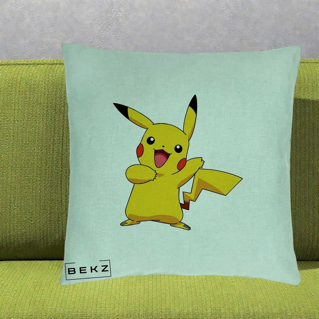 Perna Personalizata Pikachu Fericit, 40x40 cm, Verde Menta, Husa Detasabila, Perna Inclusa, BEKZ®