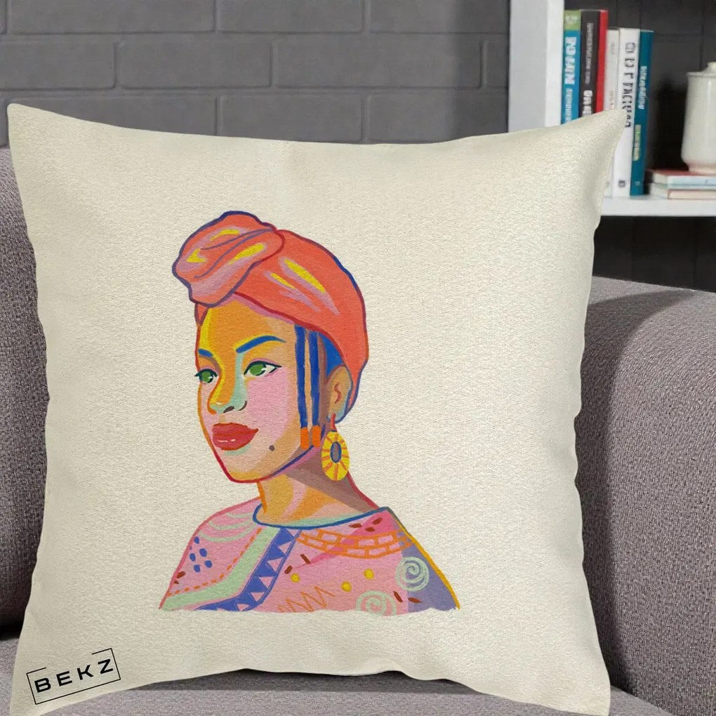 Perna Decorativa Portret Femeie Africana, 40x40 cm, Ecru, Husa Detasabila, Perna Inclusa, BEKZ®